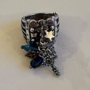 Lucky Brand Silver Dangle Ring with Blue and Purple Charms
